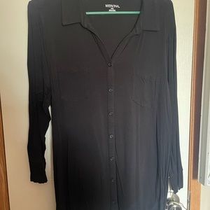 Black faux button up collared three-quarter sleeve knit top